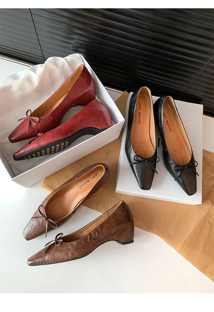 Karin Luna Full Layer Inside and Out~Basic Versatile Small Square Toe Butterfly Knot Irregular Heel Single Shoes