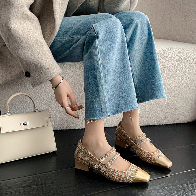 Karin Luna Classic Chanel Style~ Tweed Spring Limit Square Toe Chunky Heel Mary Jane Strap Single Shoes
