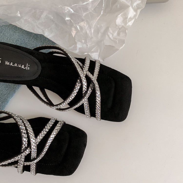 Karin Luna In Stock Spot Goods  Rhinestone Cross Strap Square Toe High Heel Slippers