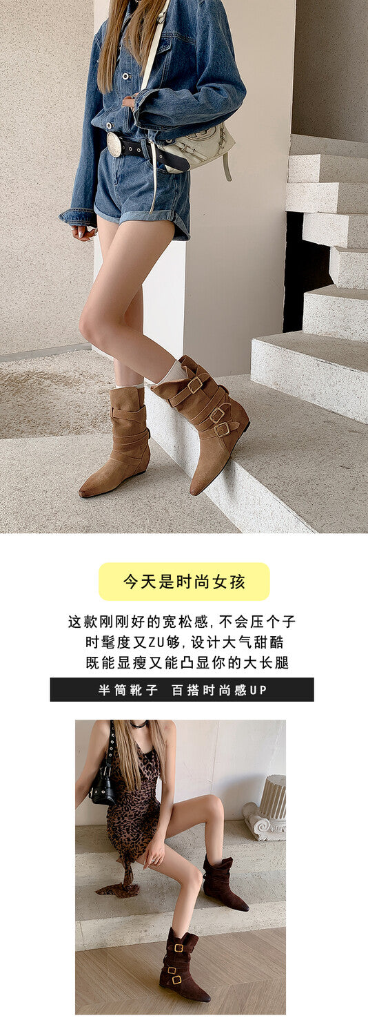 Karin Luna Cow Leather Small Square Toe Belt Buckle Fashion Boots