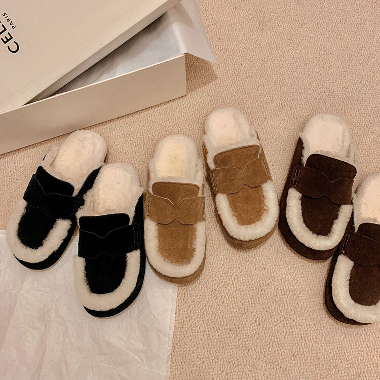 Karin Luna In Stock Look~This is such thick lamb wool Winter Atmosphere！Cowhide Leather Lamb Wool Round Toe Flat Sole Half Support！