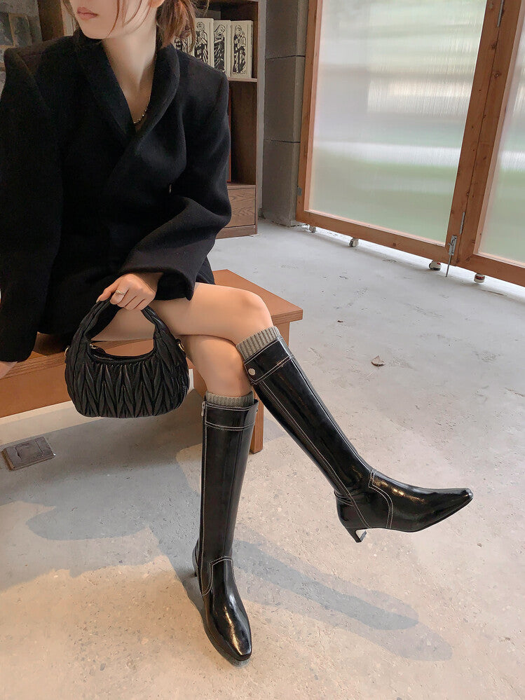 Karin Luna In Stock Spot Goods  Vintage Open Stitch Small Square Toe High Heel Side Zipper Riding Boots