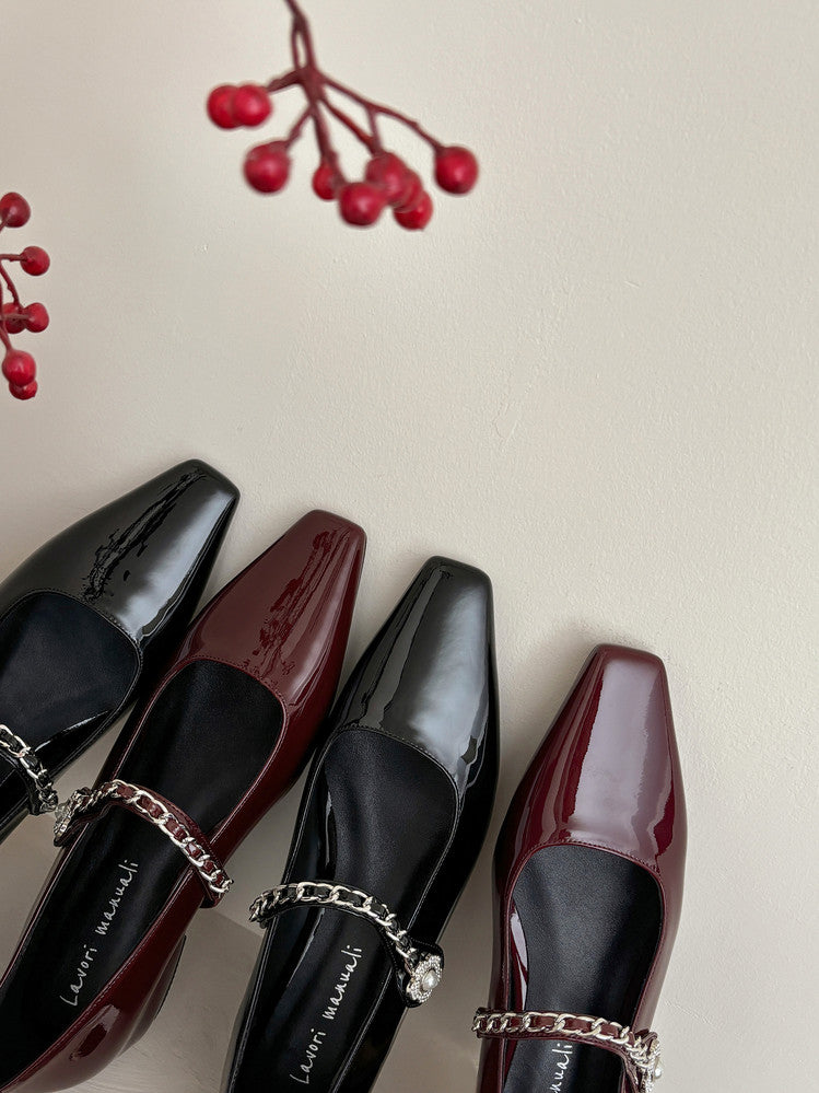 Karin Luna In Stock In Stock ~Metal One-Strap Pearl Small Square Toe Height-Increasing Flats