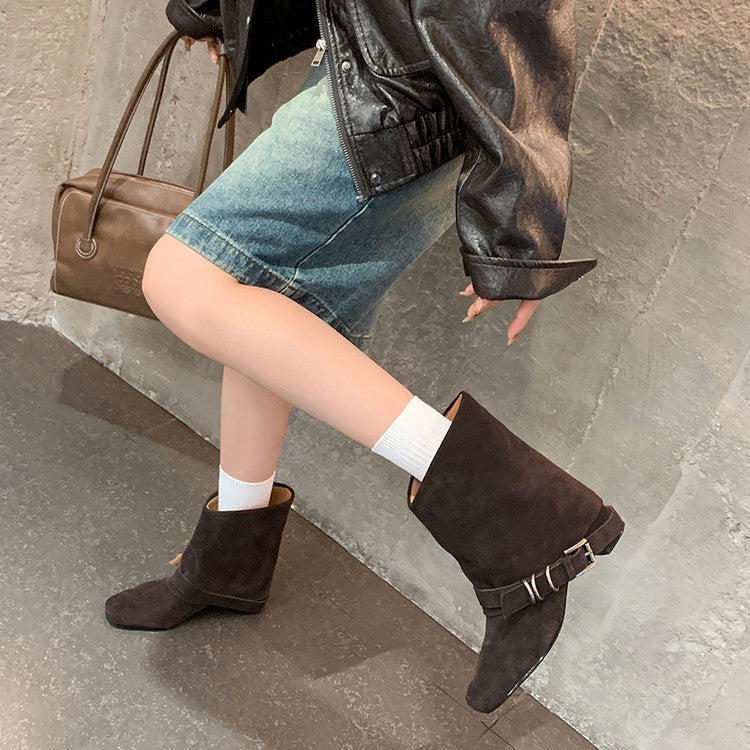 Karin Luna Data Hot Item Square Toe Hidden Wedge Belt Buckle Suede Ankle Boots