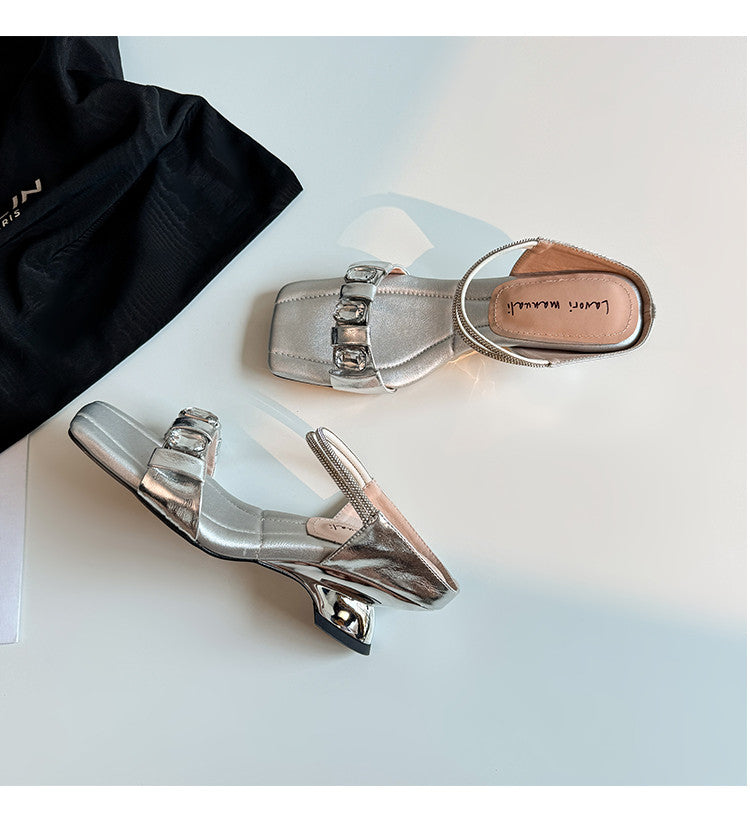 Karin Luna Bestseller Popular Rhinestone Ribbon Square Toe Slippers