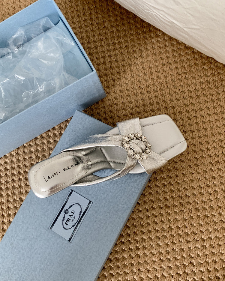 Karin Luna In Stock In Stock Elegant Square-Toe Cross-Strap Rhinestone Square-Toe Slippers