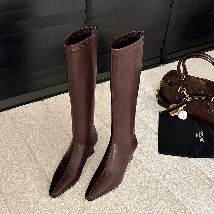 Karin Luna In Stock In Stock  Square Toe Chunky Heel Korean Style Elegant Long Boots