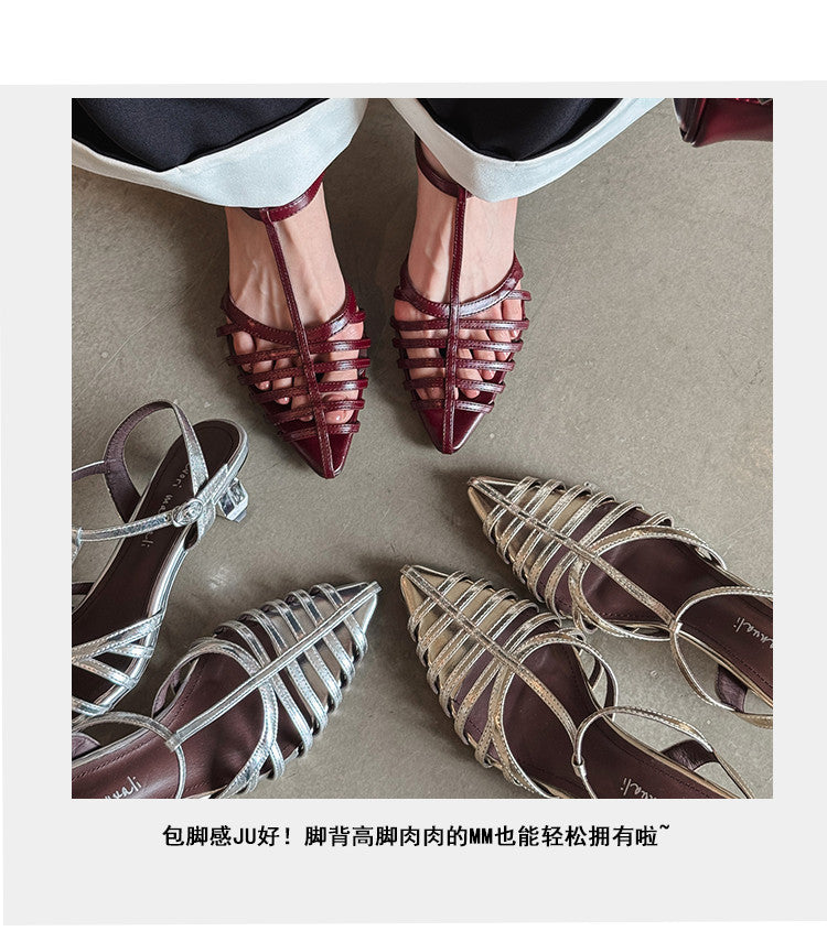 Karin Luna French Hollow Toe Metal Heel Elegant Sandals