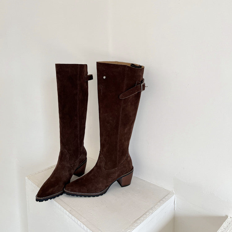 Karin Luna In Stock Spot Goods Retro Cowhide Leather Chunky Heel Suede Long Boots