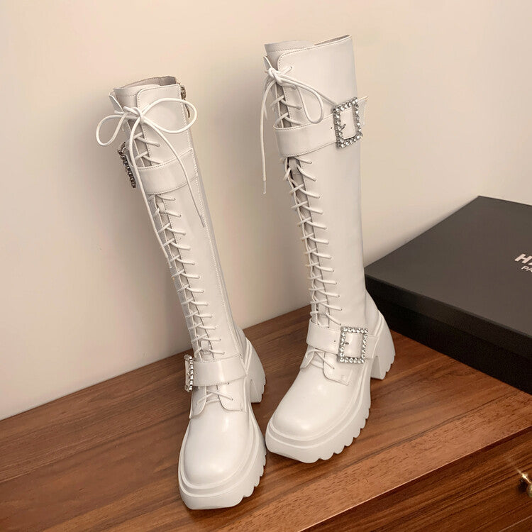 Karin Luna In Stock Spot Goods Bestselling Extended Version Rhinestone Square Buckle Thick Sole Lace-up Thick Sole Full Cowhide Knight Boots