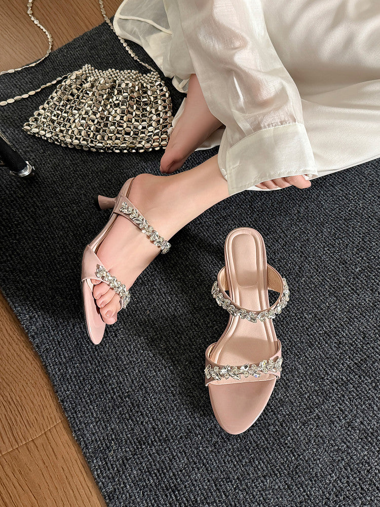 Karin Luna Exquisite Round Toe One-Strap Rhinestone Thin Heel Slippers