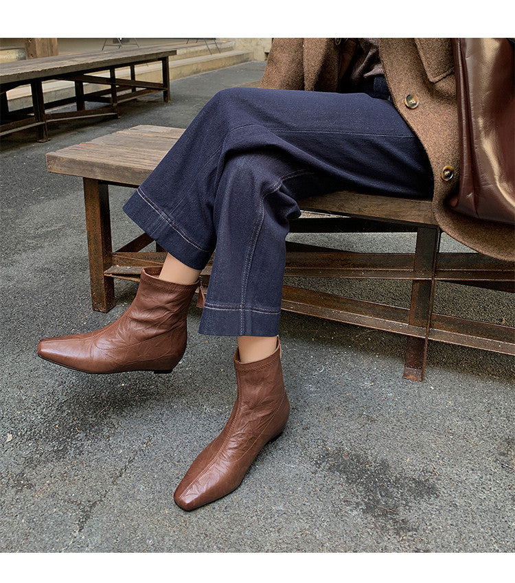 Karin Luna In Stock Spot Goods Slim Series  Hidden Wedge Small Square Toe Back Zipper Short Boots