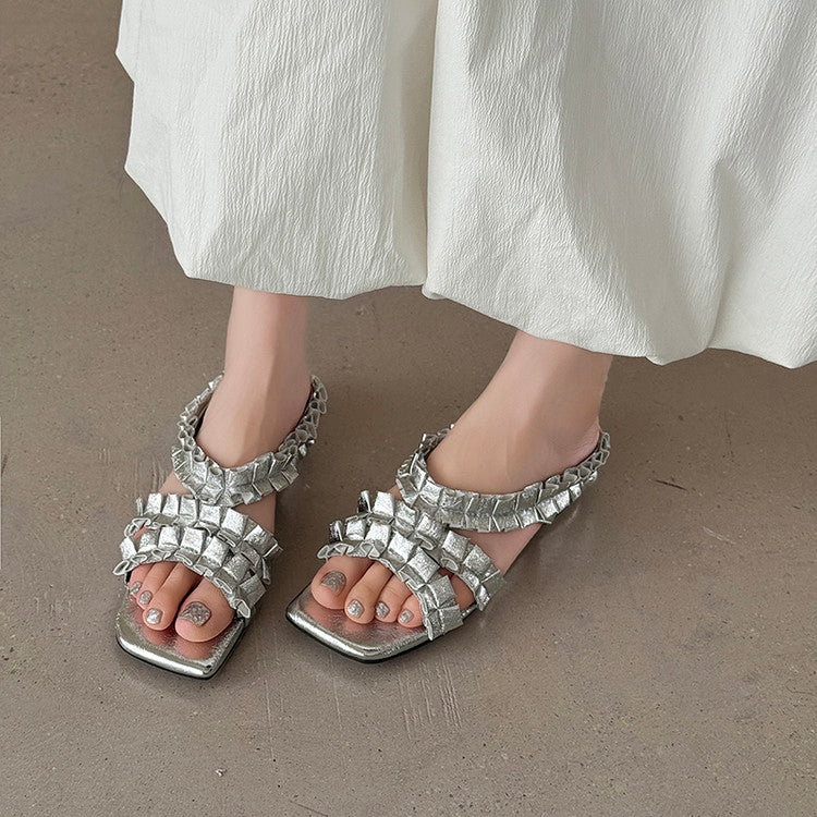 Karin Luna In Stock   Spot Goods  Niche Design Square-Toed Pleated Flat Slippers