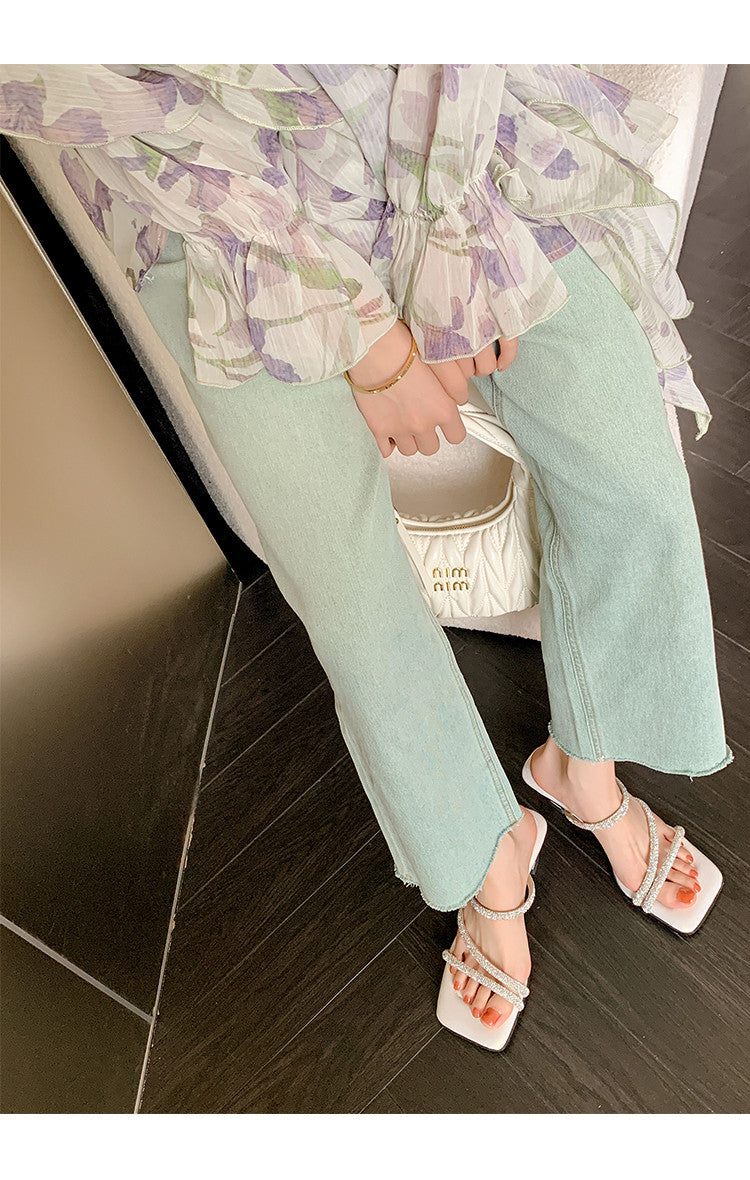 Karin Luna In Stock Spot Goods  Minimalist Versatile Square Toe Rhinestone Strap Open-Toe Sandals