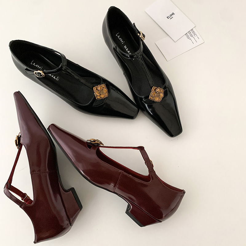 Karin Luna In Stock Spot Goods    Retro Classic Metal Camellia Irregular Heel Single Shoes