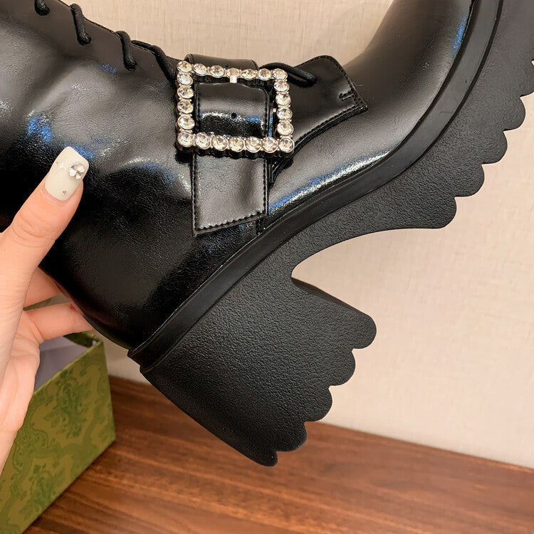 Karin Luna In Stock Spot Goods Bestselling Extended Version Rhinestone Square Buckle Thick Sole Lace-up Thick Sole Full Cowhide Knight Boots