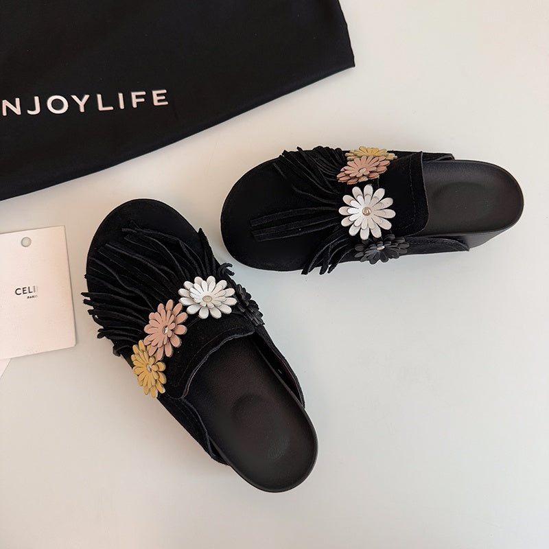 Karin Luna   Tassel Three-Dimensional Flower Thick-Soled Closed-Toe Slippers
