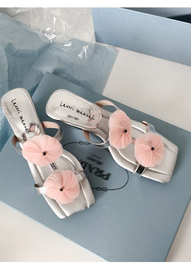 Karin Luna Hot-Selling Floral Square Toe Irregular Heel Floral Slippers