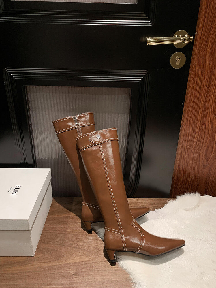 Karin Luna In Stock Spot Goods  Vintage Open Stitch Small Square Toe High Heel Side Zipper Riding Boots