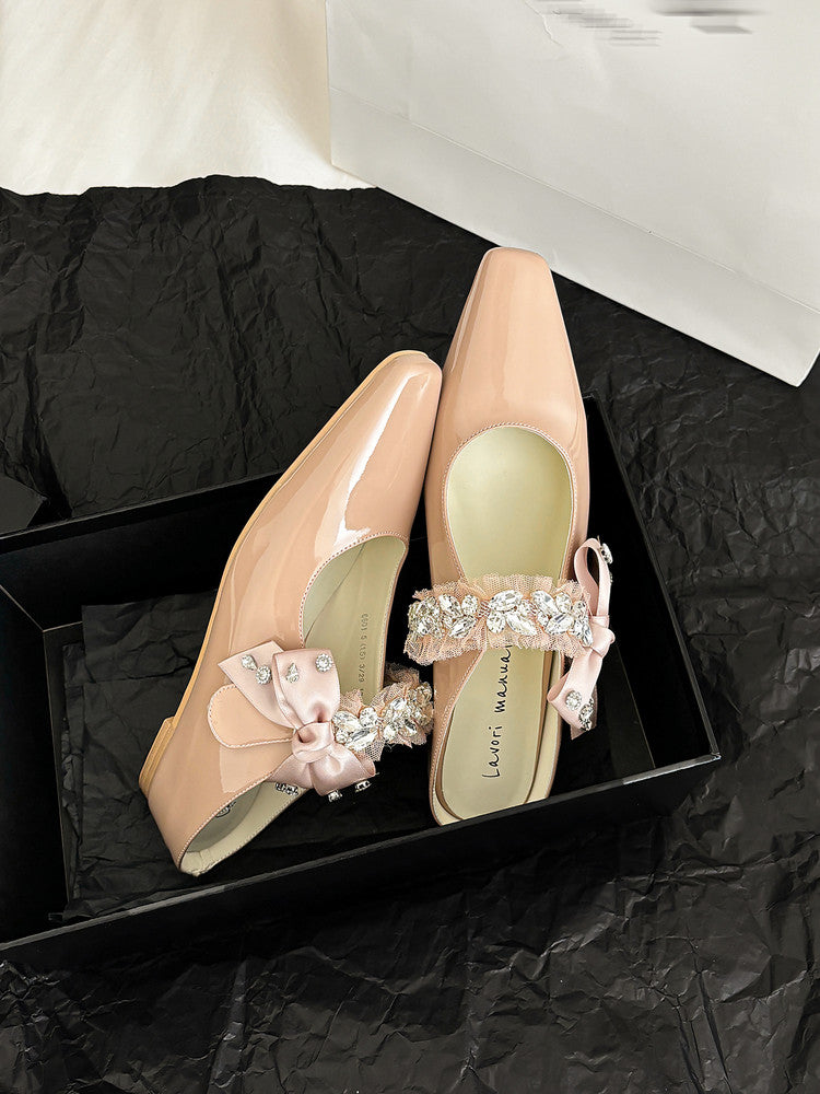 Karin Luna Handmade One-Strap Rhinestone Ribbon Square-Toe Mules