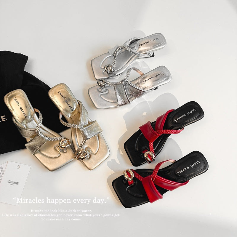 Karin Luna Braided Style ~Cross Strap Square Toe Irregular Heel Slippers