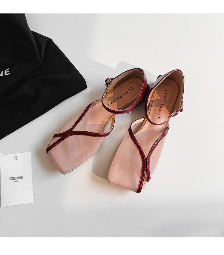 Karin Luna In Stock In Stock  Internet Celebrity Style Square Toe Mesh Chunky Heel Sandals