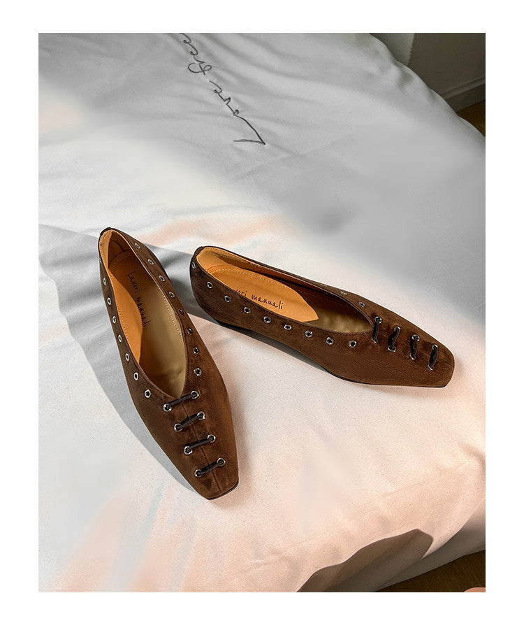 Karin Luna In Stock Spot Goods    Old Money Style Square Toe Suede Flats