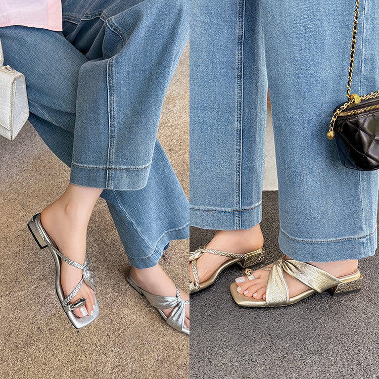Karin Luna  Square Toe Braided Cross Thick Heel Flat Slippers