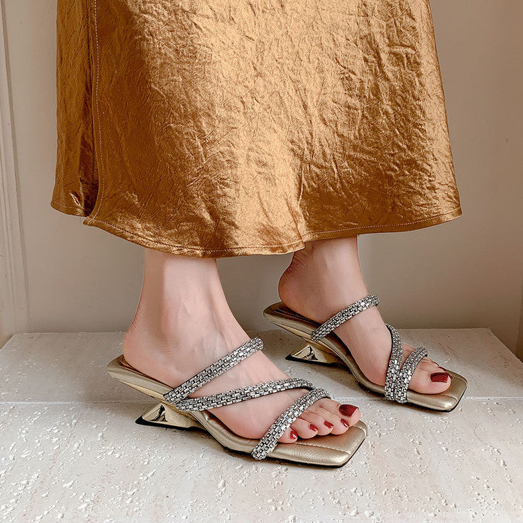 Karin Luna In Stock Spot Goods  Rhinestone One-Strap Irregular Heel Square-Toe Slippers