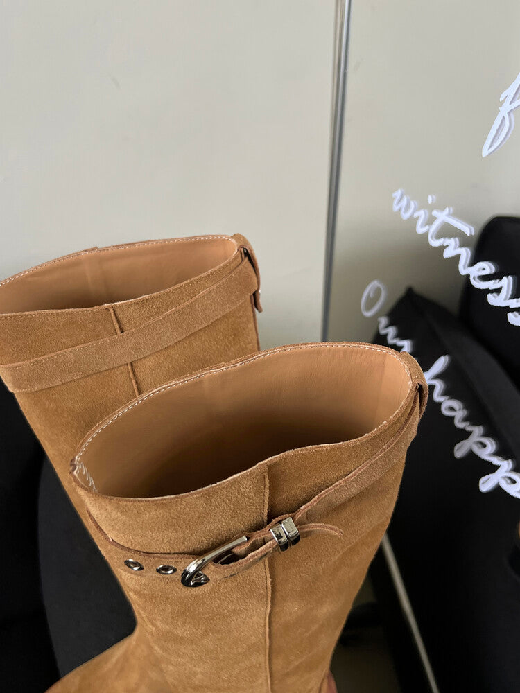 Karin Luna Chunky Heels Round Head Belt Buckle  Fashionable Suede Boots