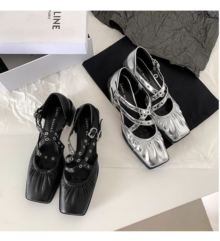 Karin Luna In Stock Spot Goods First Layer Sheepskin Cross Strap Rivet Square Toe Mary Jane Sandals