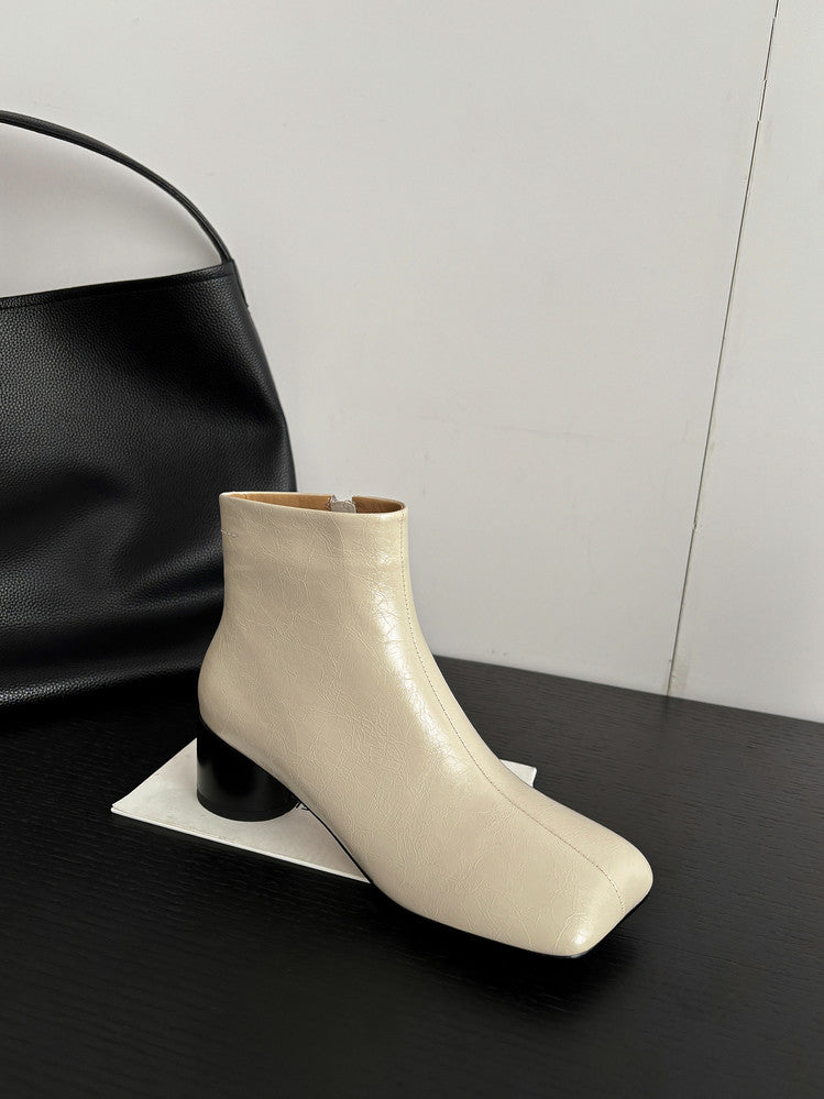 Karin Luna French Style Square Toe Chunky Heel Ankle Boots