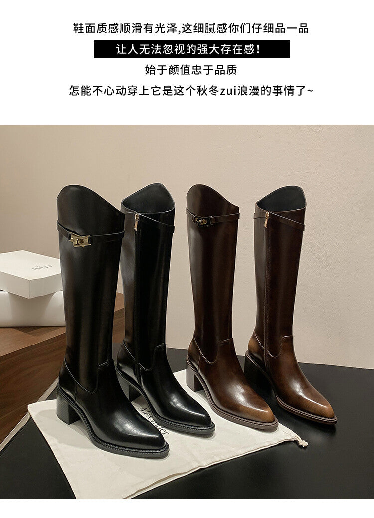 Karin Luna Hot-Selling Fasteners Sold as soon as listed Comes with data plan included Pointed Toe Chunky Heel Classic Full Cowhide Leather Riding Boots