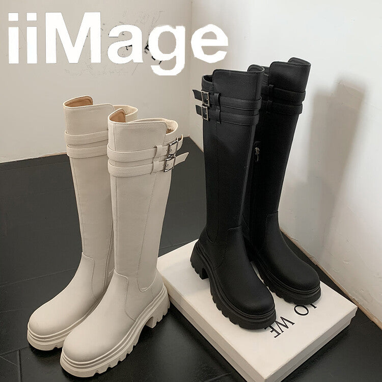 Karin Luna In Stock  Round Toe Thick Sole Casual Belt Buckle Long Boots