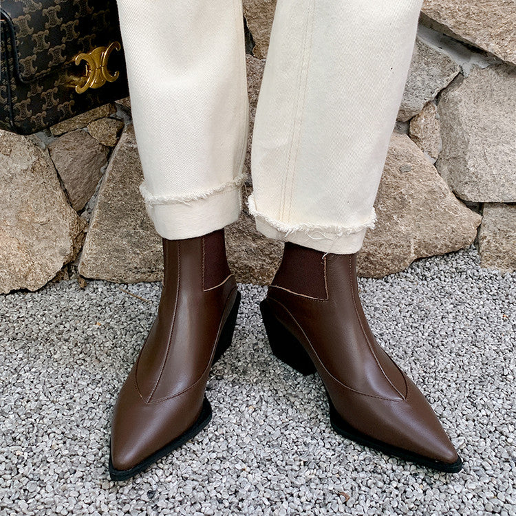 Karin Luna In Stock Spot Goods   Elegant Pointed Toe Chunky Heel Ankle Boots