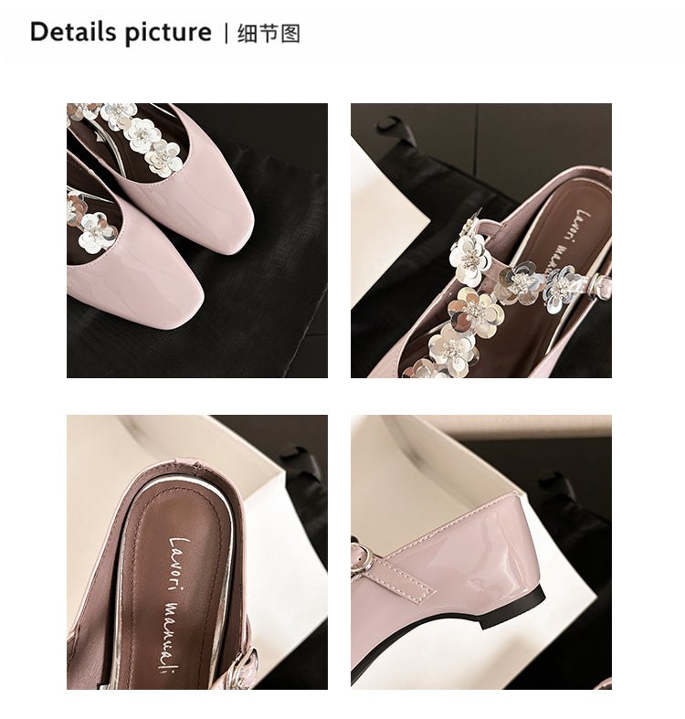 Karin Luna In Stock Spot Goods  T Handmade Sequin Flower Square Toe Height-Increasing Closed-Toe Slippers