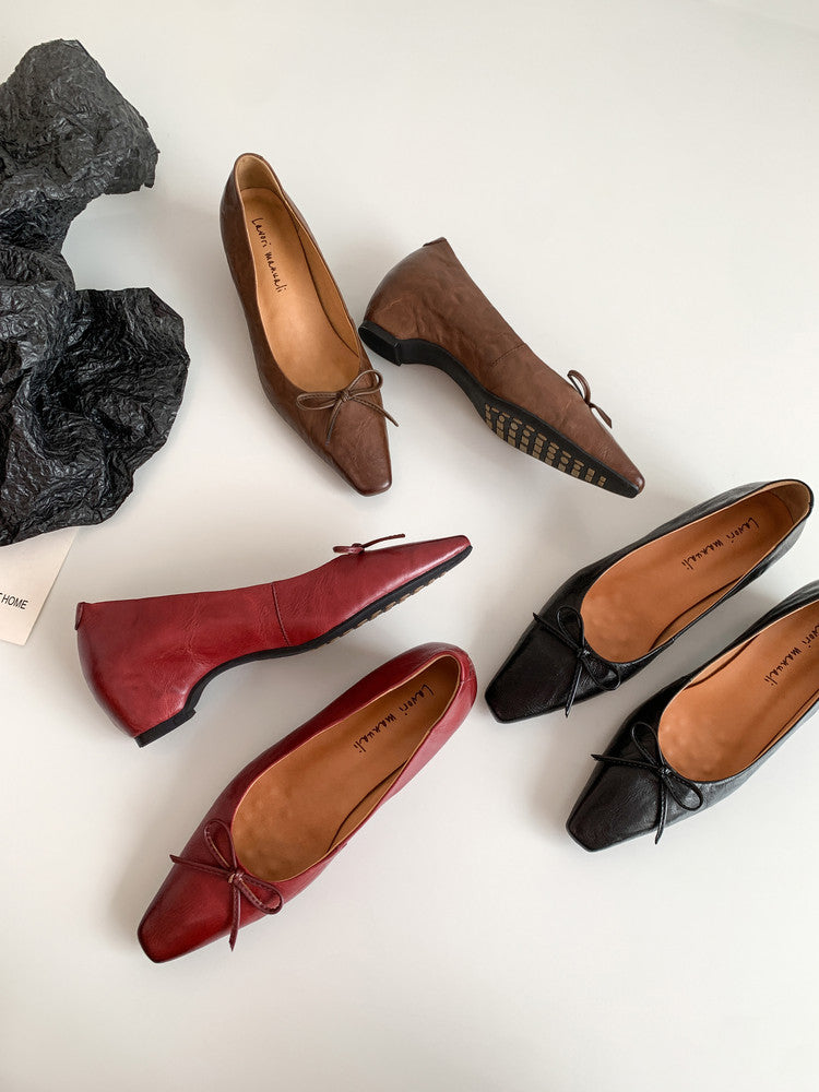 Karin Luna Full Layer Inside and Out~Basic Versatile Small Square Toe Butterfly Knot Irregular Heel Single Shoes