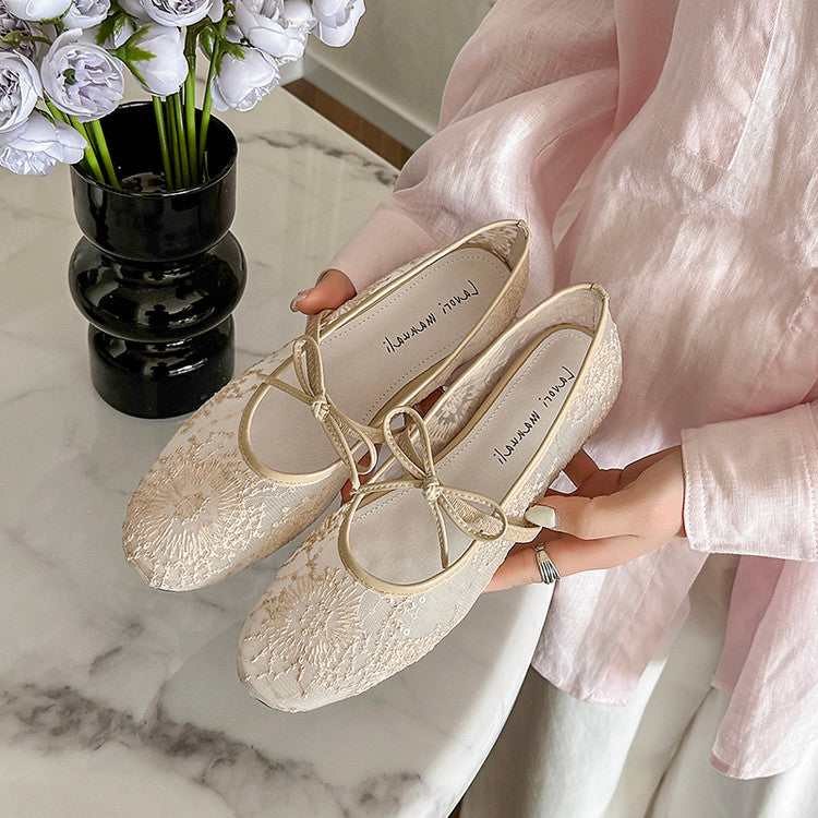Karin Luna In Stock Spot Goods  Summer Breathable Retro Embroidered Bow Granny Shoes