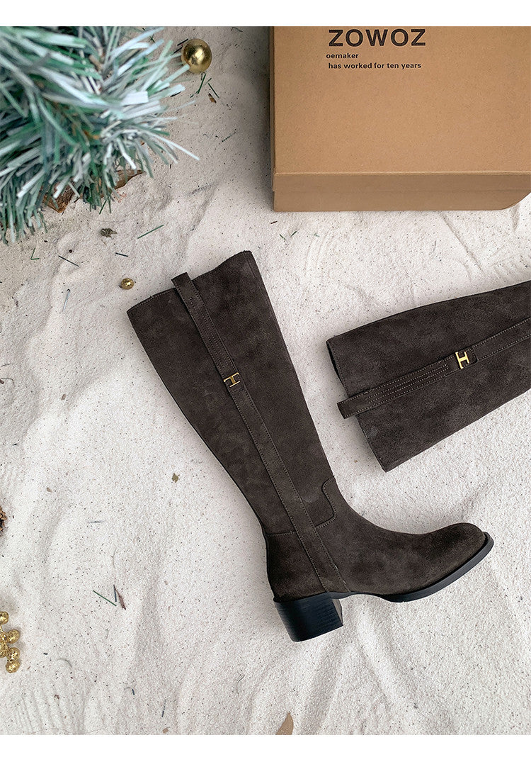 Karin Luna In Stock Spot Goods Basic Retro Square Toe Chunky Heel Riding Boots