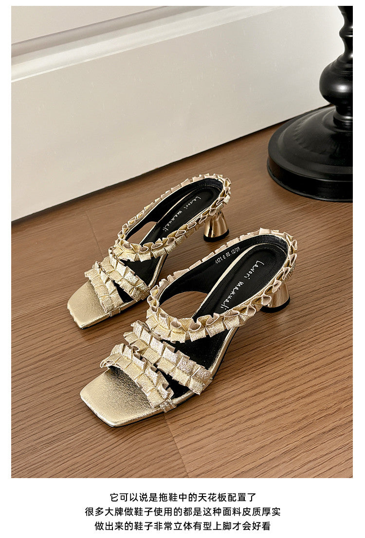 Karin Luna In Stock  Spot Goods  Unique Square-Toe Pleated Lace Sandals