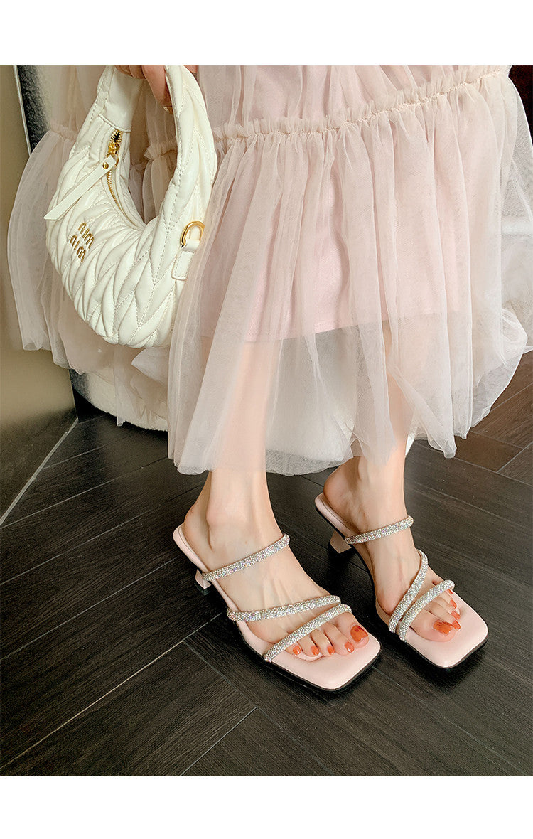 Karin Luna In Stock Spot Goods  Minimalist Versatile Square Toe Rhinestone Strap Open-Toe Sandals