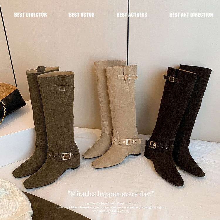 Karin Luna Data Model Belt Buckle Matte Square Toe Hidden Wedge Slouch Western Boots