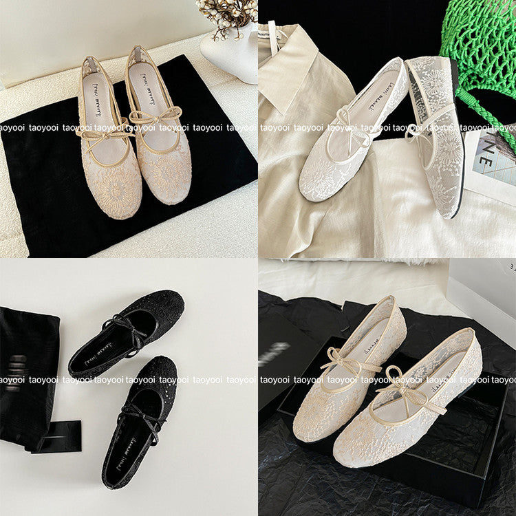 Karin Luna In Stock Spot Goods  Summer Breathable Retro Embroidered Bow Granny Shoes