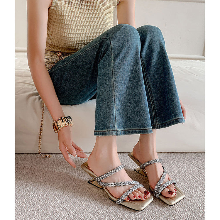 Karin Luna In Stock Spot Goods  Rhinestone One-Strap Irregular Heel Square-Toe Slippers