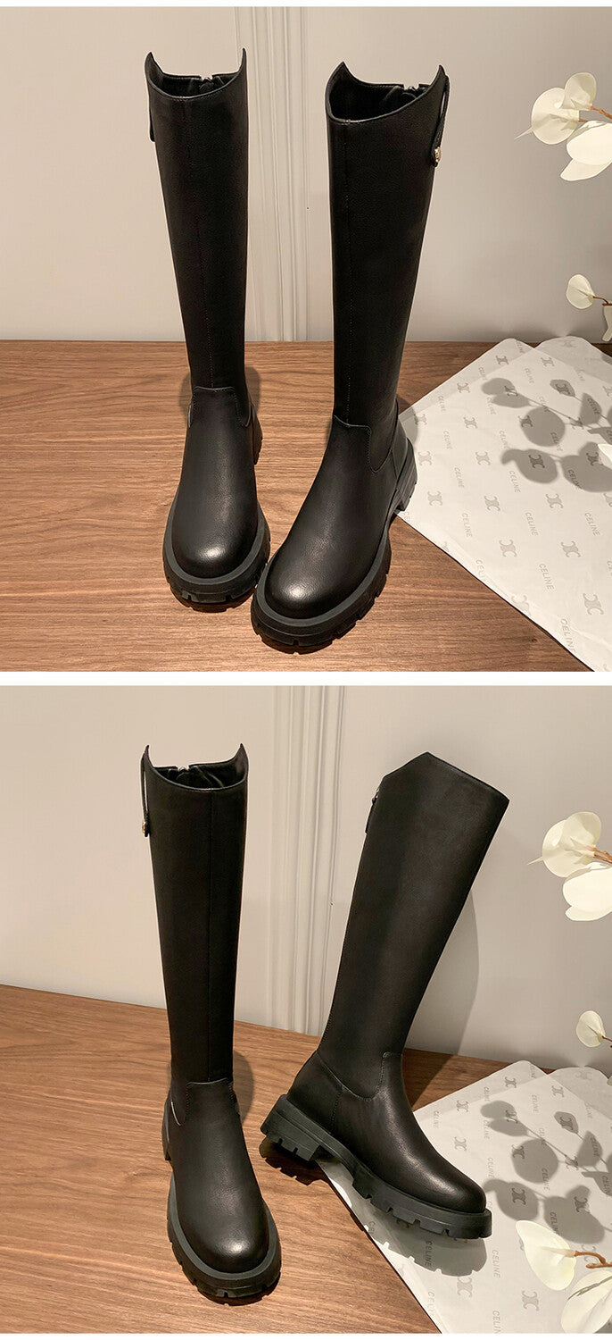 Karin Luna Hot-Selling In Stock   Basic Casual Hot-Selling Round-Toe Long Boots Full Cowhide Leather Long Boots Flat Bottom Hot Sale