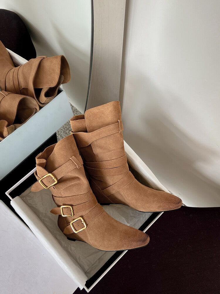 Karin Luna Cow Leather Small Square Toe Belt Buckle Fashion Boots