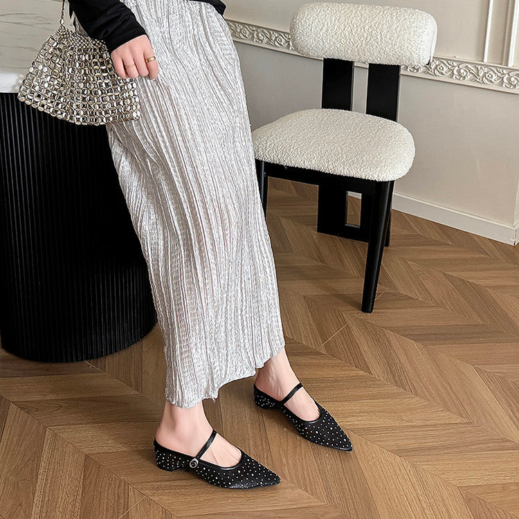 Karin Luna In Stock Spot Goods  Breathable Mesh Fabric Embellished Hand Drill Pointed Toe Slippers