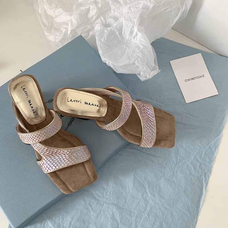 Karin Luna Fish Skin Series~Minimalist Square Toe Popular Irregular Heel Slippers