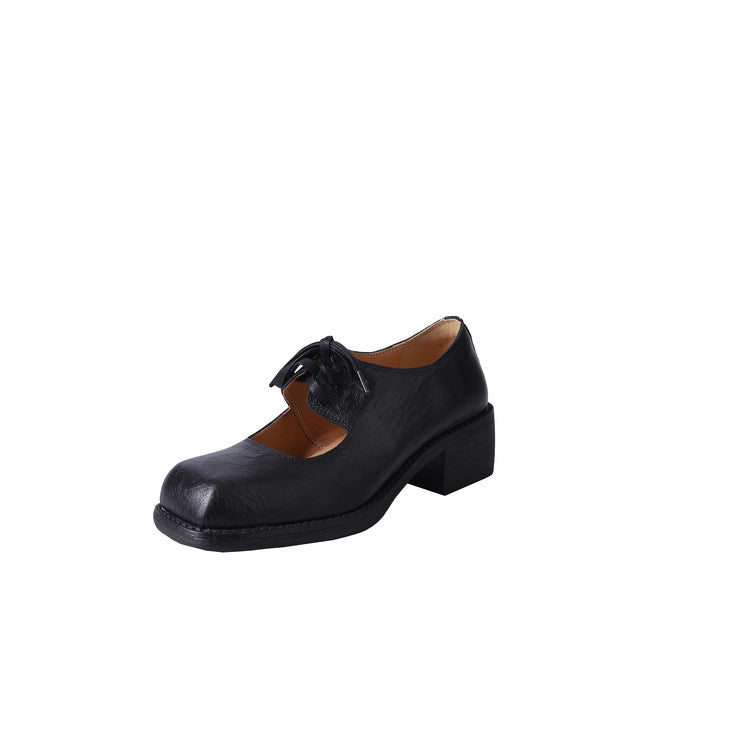 Karin Luna In Stock Spot Goods   Full leather inside and out Vegetable Tanned Hand-Grabbed Sheepskin Square-Toed Chunky Heel Single Shoes