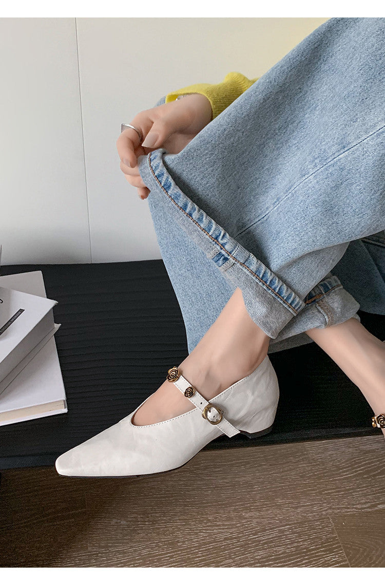 Karin Luna In Stock Spot Goods    Retro Classic Metal Camellia Irregular Heel Single Shoes